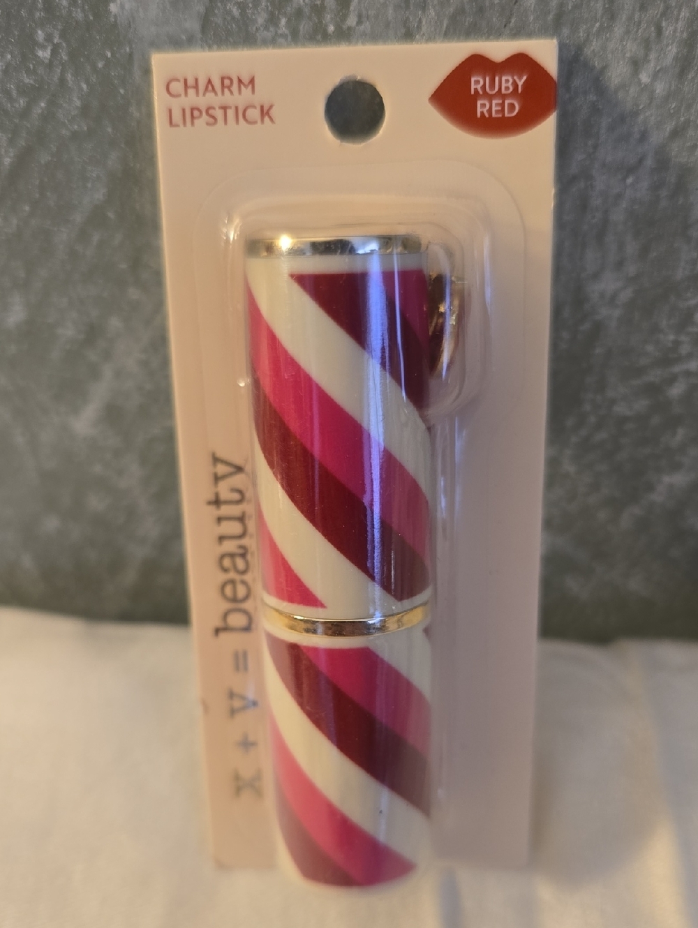 Charm Lipstick, Case Red Striped Red Lips Charm, Color Ruby Red